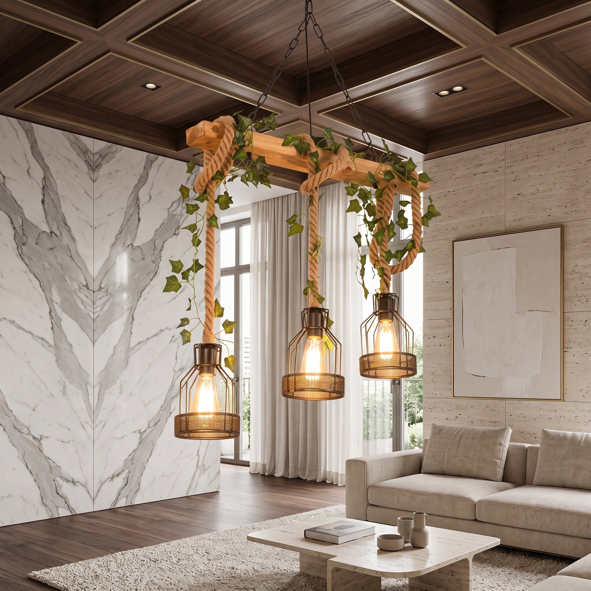 Pendant light fixture with three wooden beams