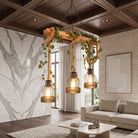Pendant light fixture with three wooden beams