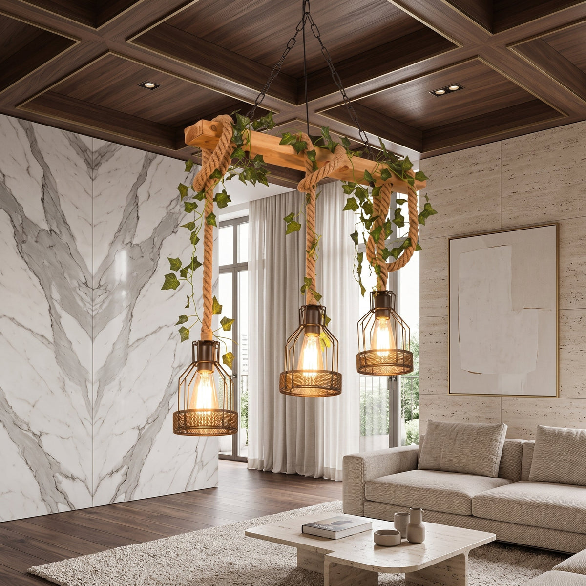 Pendant light fixture with three wooden beams