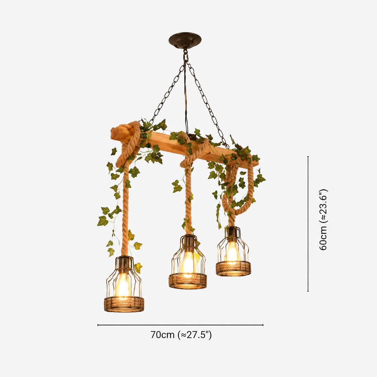 Pendant light fixture with three wooden beams
