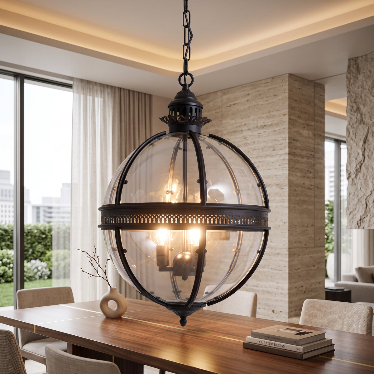 Hanging chandelier light with globe shades