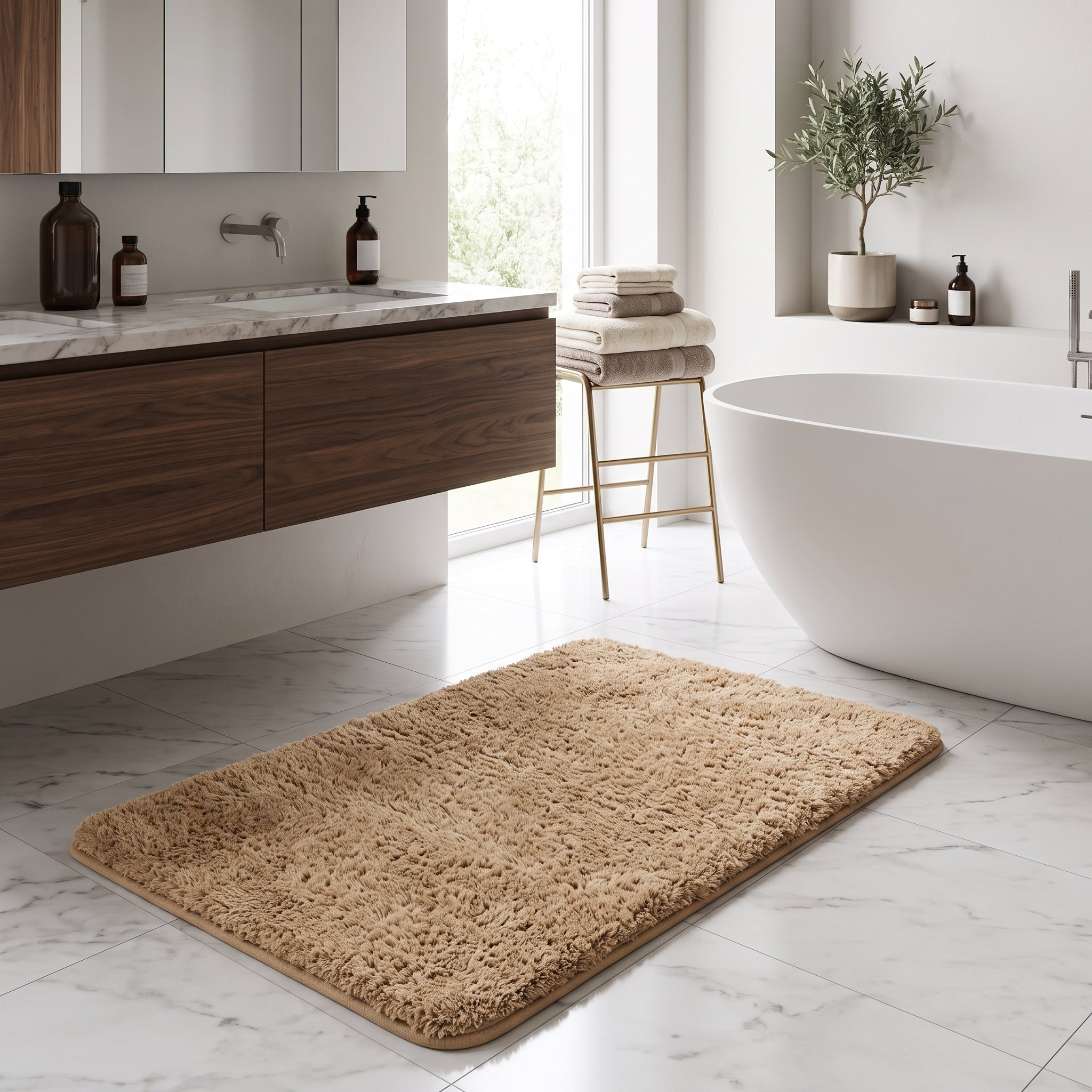 Bath Mat with Long Pile Non Slip Backing - camel