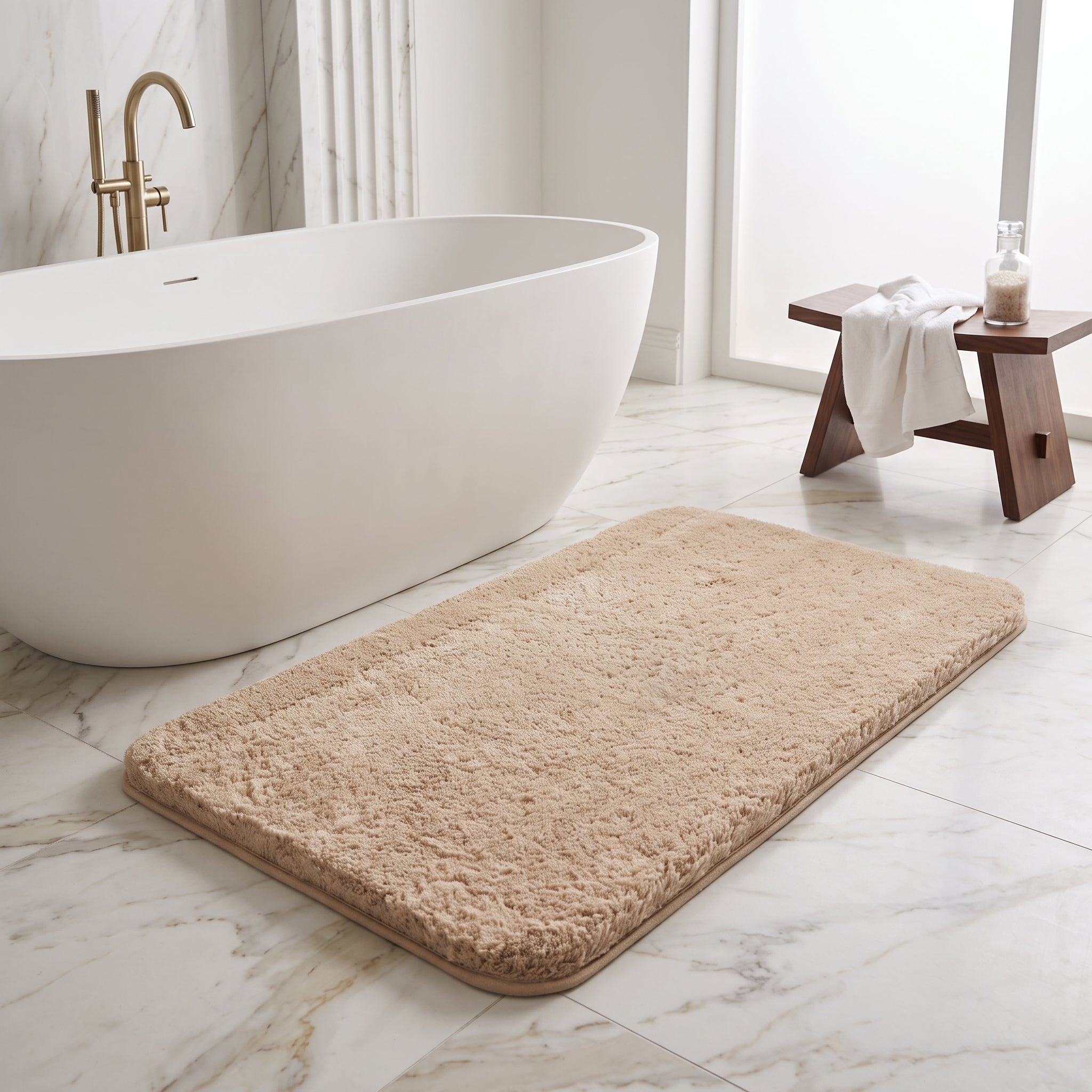 Bath Mat with Long Pile Non Slip Backing - beige