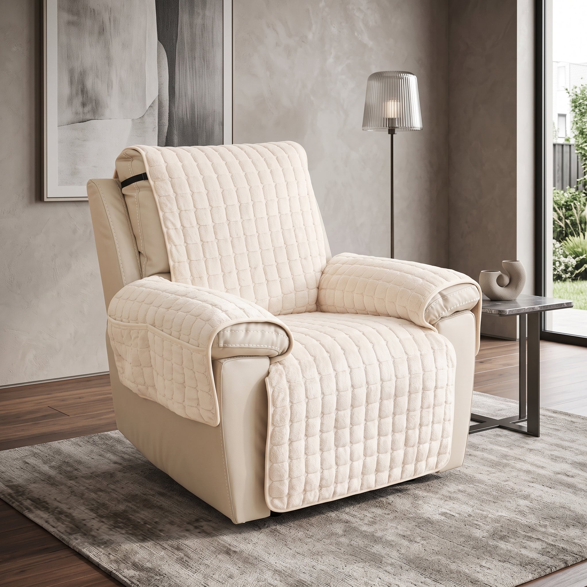 Armchair Cover with Quilted Storage Pockets - sand