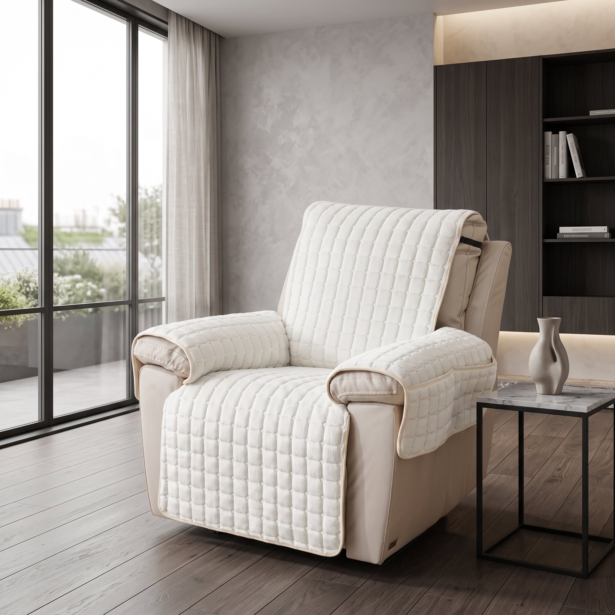 Armchair Cover with Quilted Storage Pockets - ivory