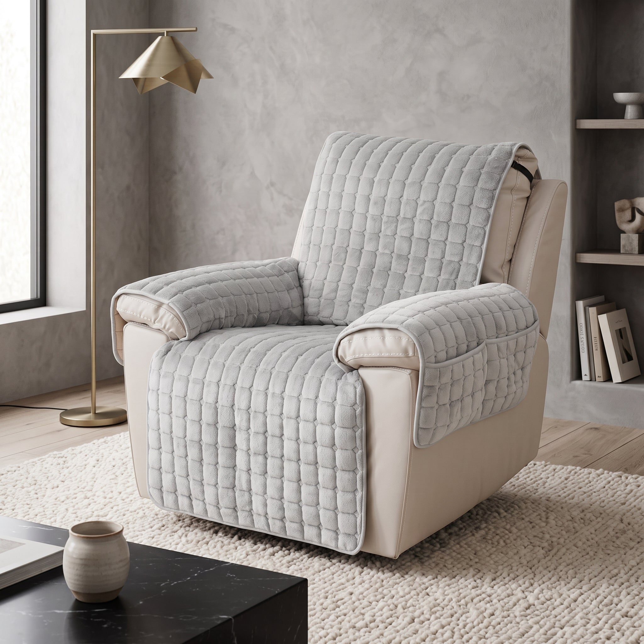 Armchair Cover with Quilted Storage Pockets - gray charcoal