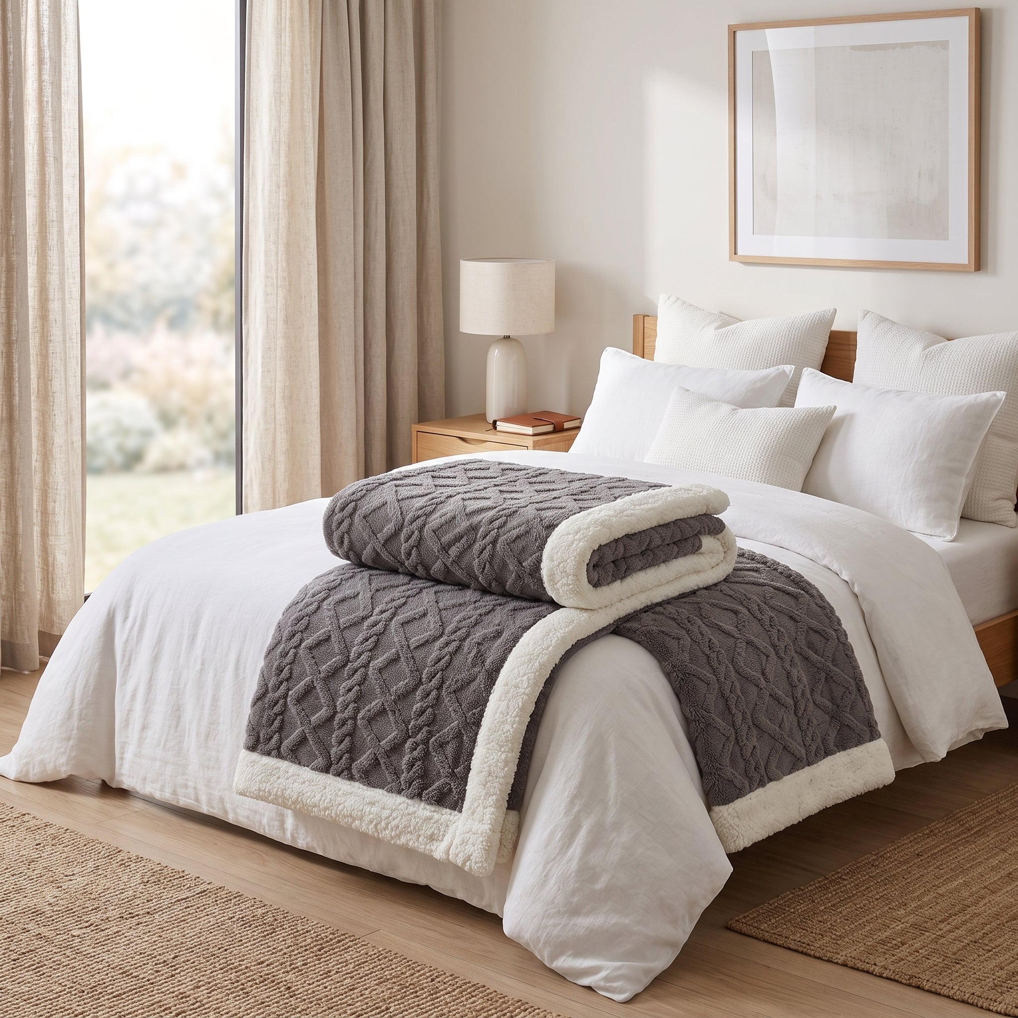 Sherpa Throw Blanket Reversible Winter Design - charcoal