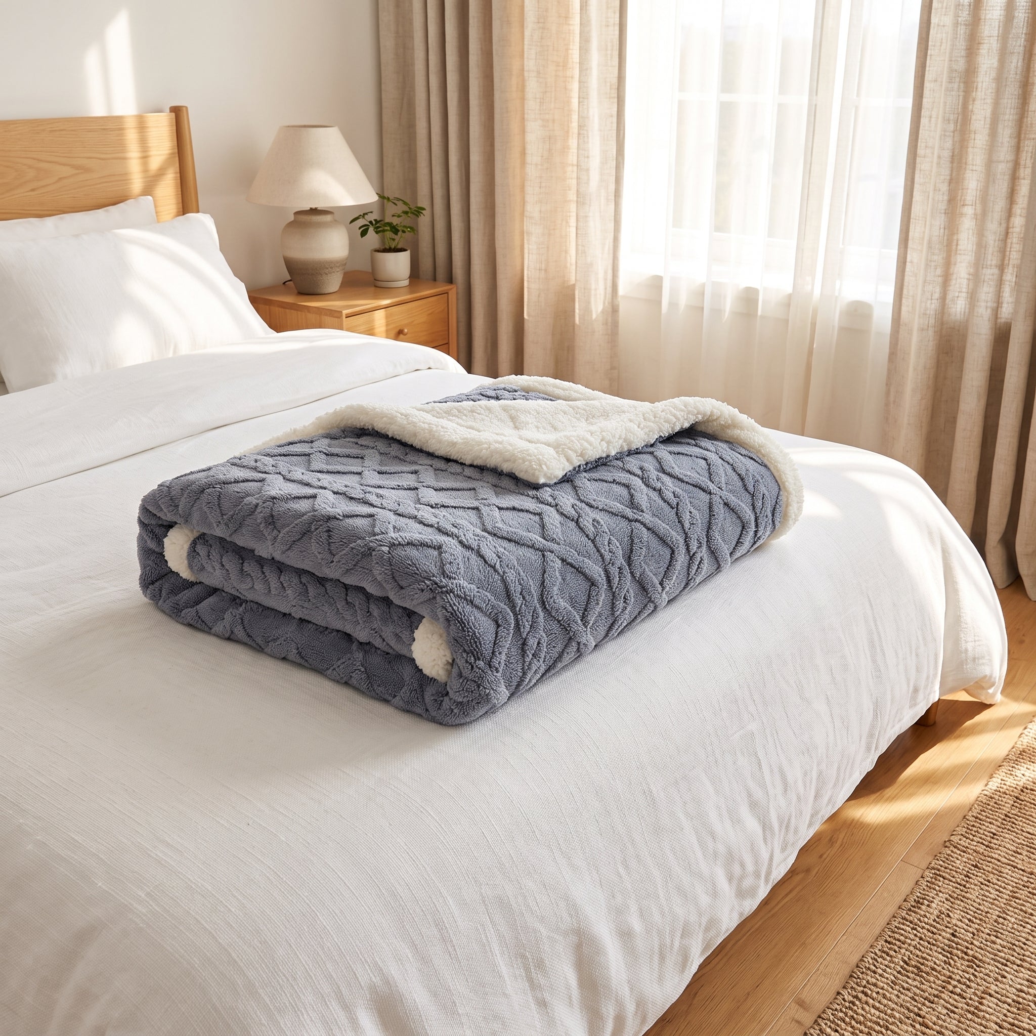 Sherpa Throw Blanket Reversible Winter Design - blueberry blue