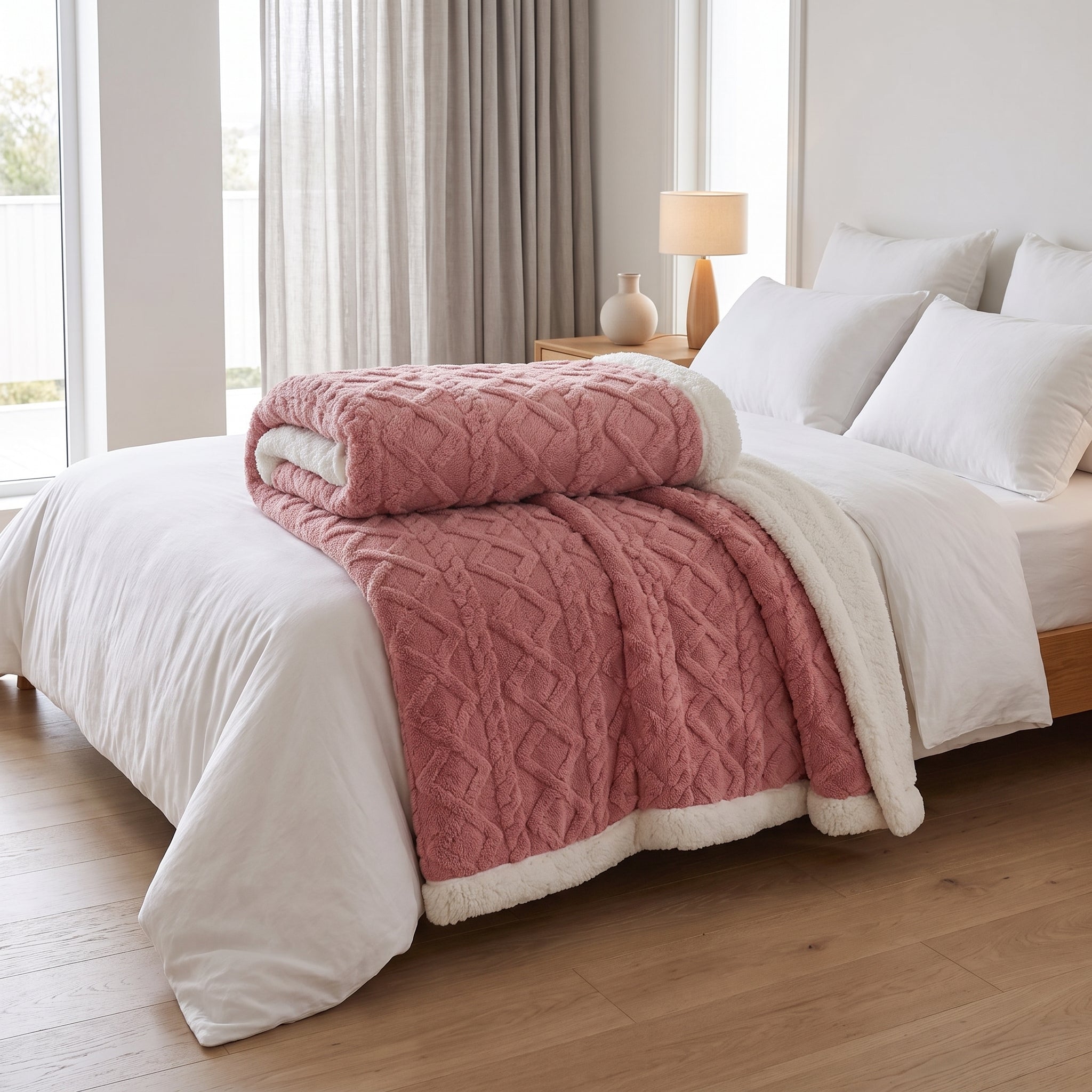Sherpa Throw Blanket Reversible Winter Design - candy pink