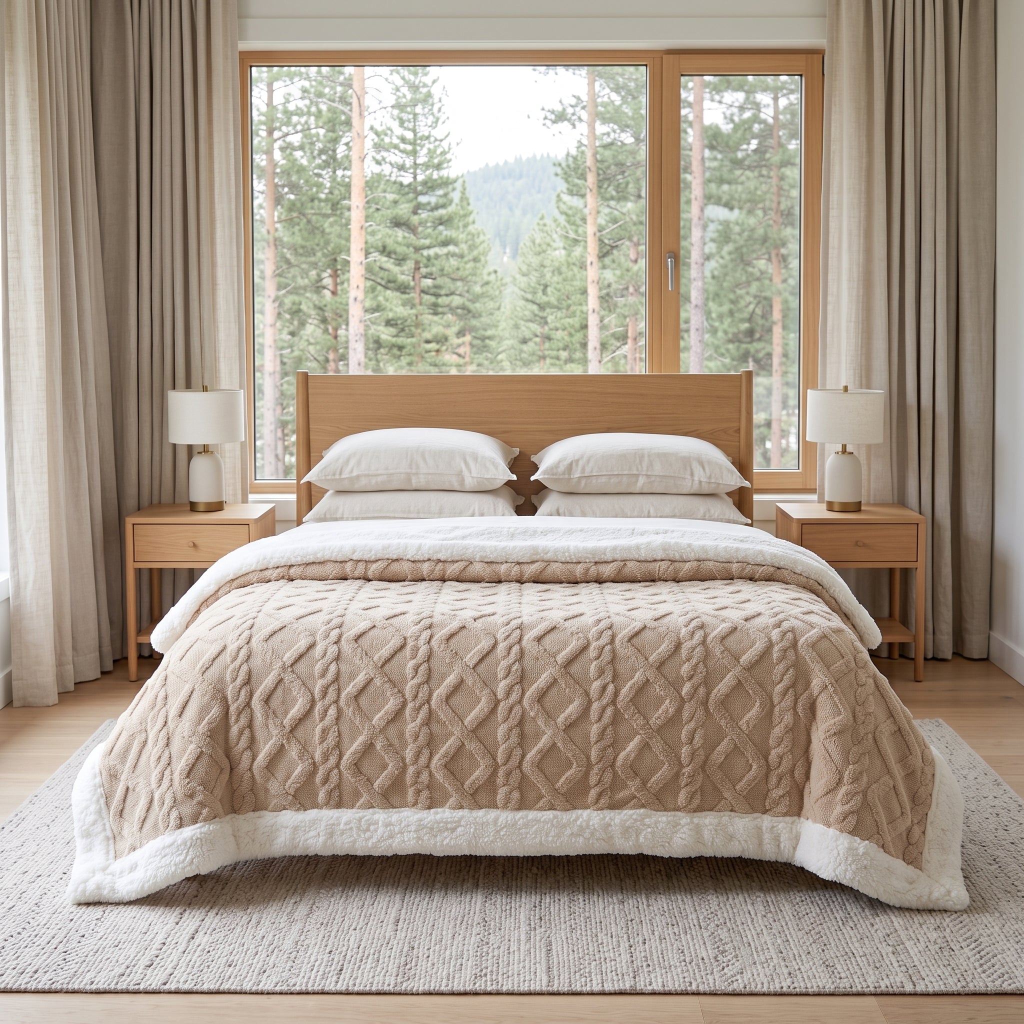 Sherpa Throw Blanket Reversible Winter Design - latte