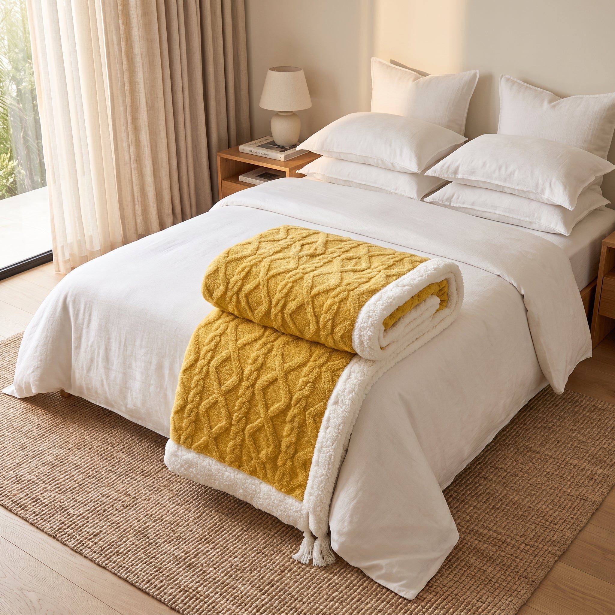 Sherpa Throw Blanket Reversible Winter Design - golden sun