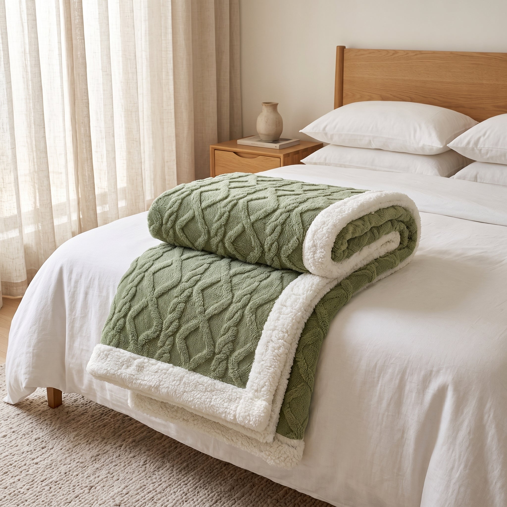 Sherpa Throw Blanket Reversible Winter Design - matcha