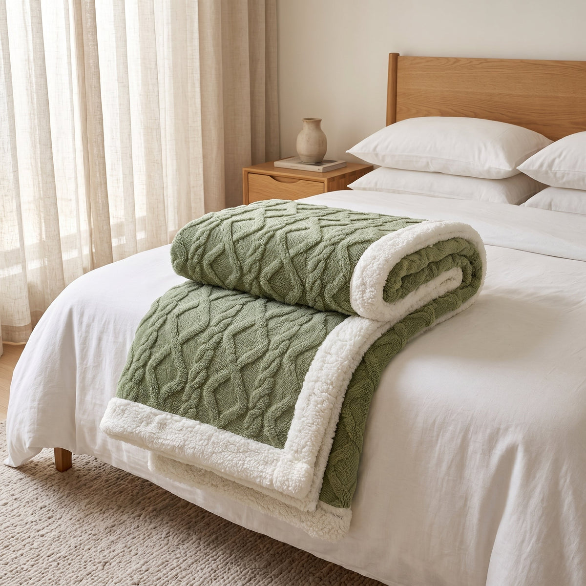 Sherpa Throw Blanket Reversible Winter Design - matcha