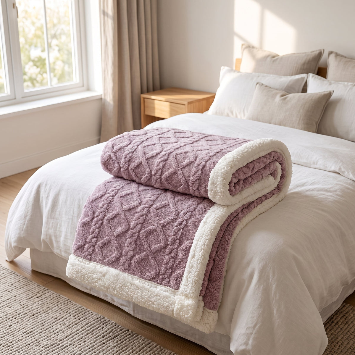 Sherpa Throw Blanket Reversible Winter Design - passion purple