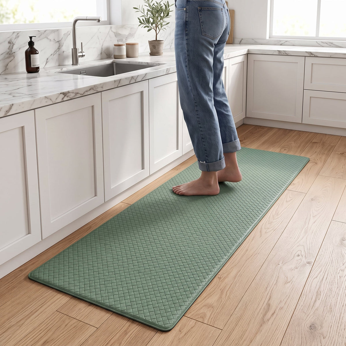 Kitchen floor mat with anti-fatigue cushioning - green