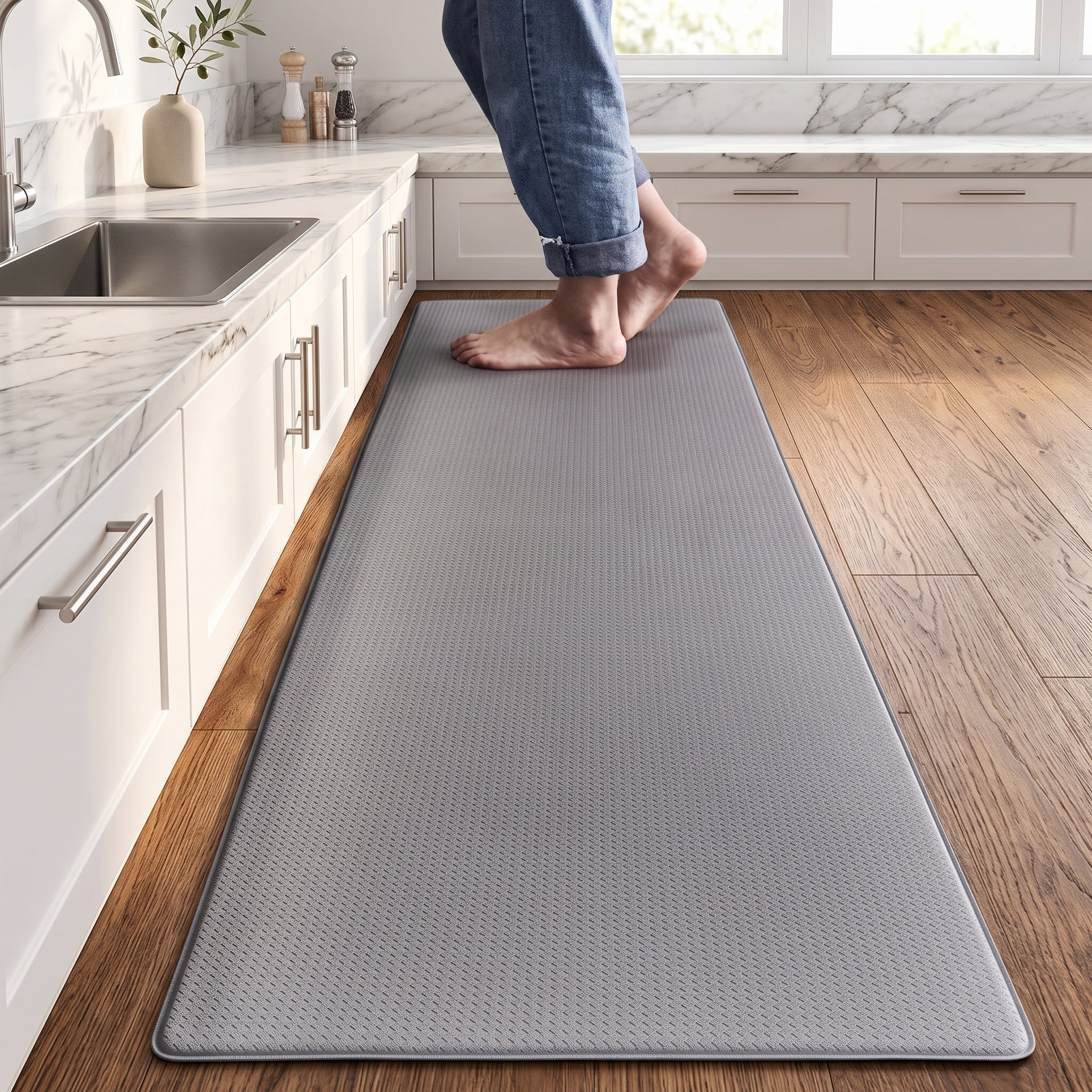 Kitchen floor mat with anti-fatigue cushioning - light gray