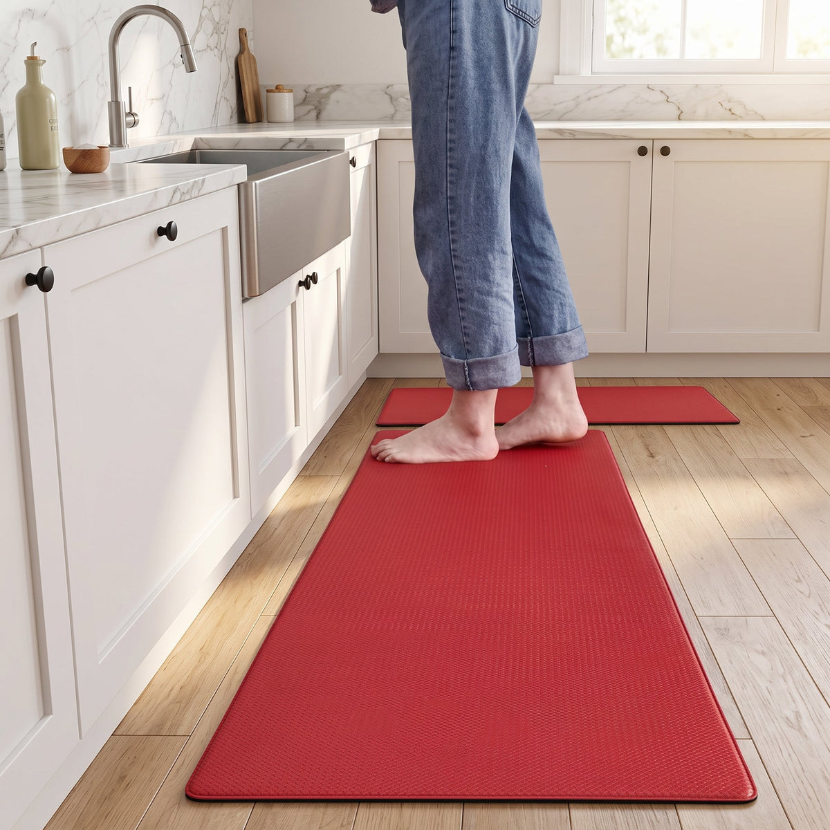 Kitchen floor mat with anti-fatigue cushioning - red