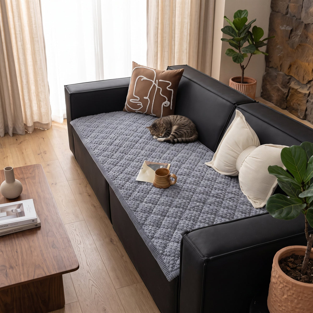 Sofa seat protector cover with quilted pattern - gray calm