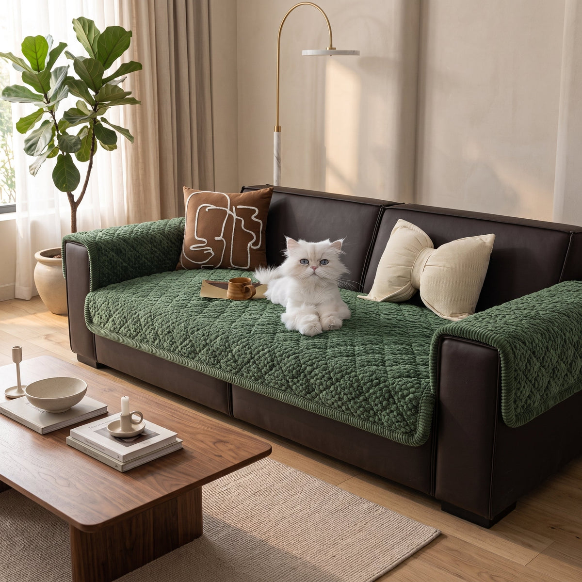 Sofa seat protector cover with quilted pattern - green serenity