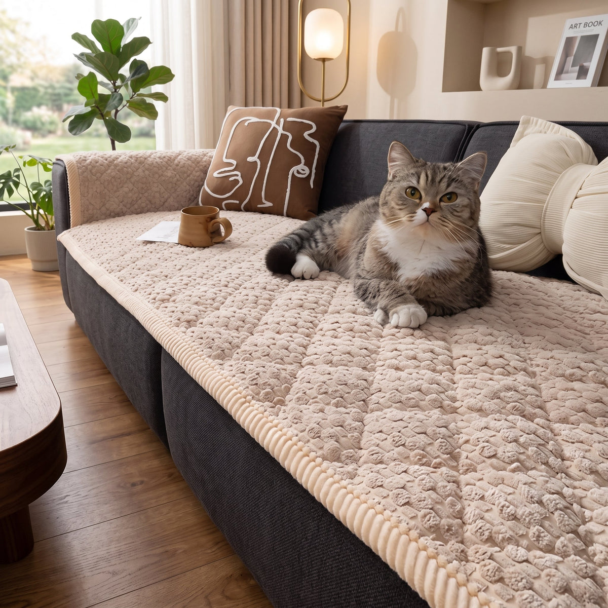 Sofa seat protector cover with quilted pattern - beige refuge