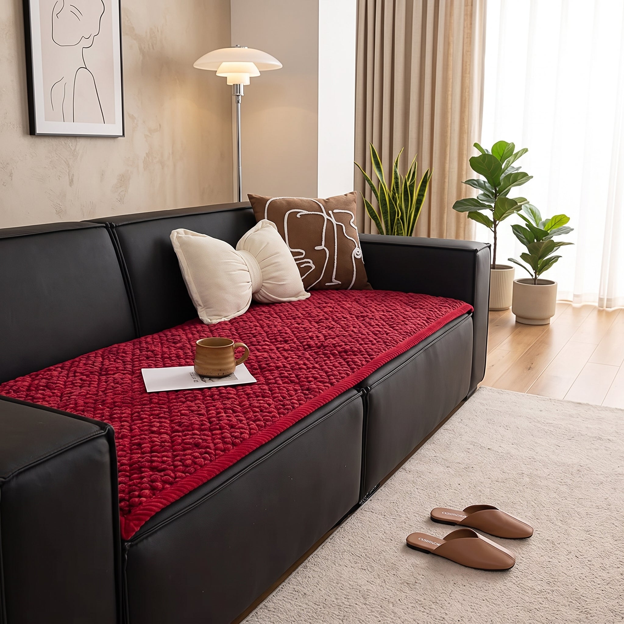 Sofa seat protector cover with quilted pattern - deep red