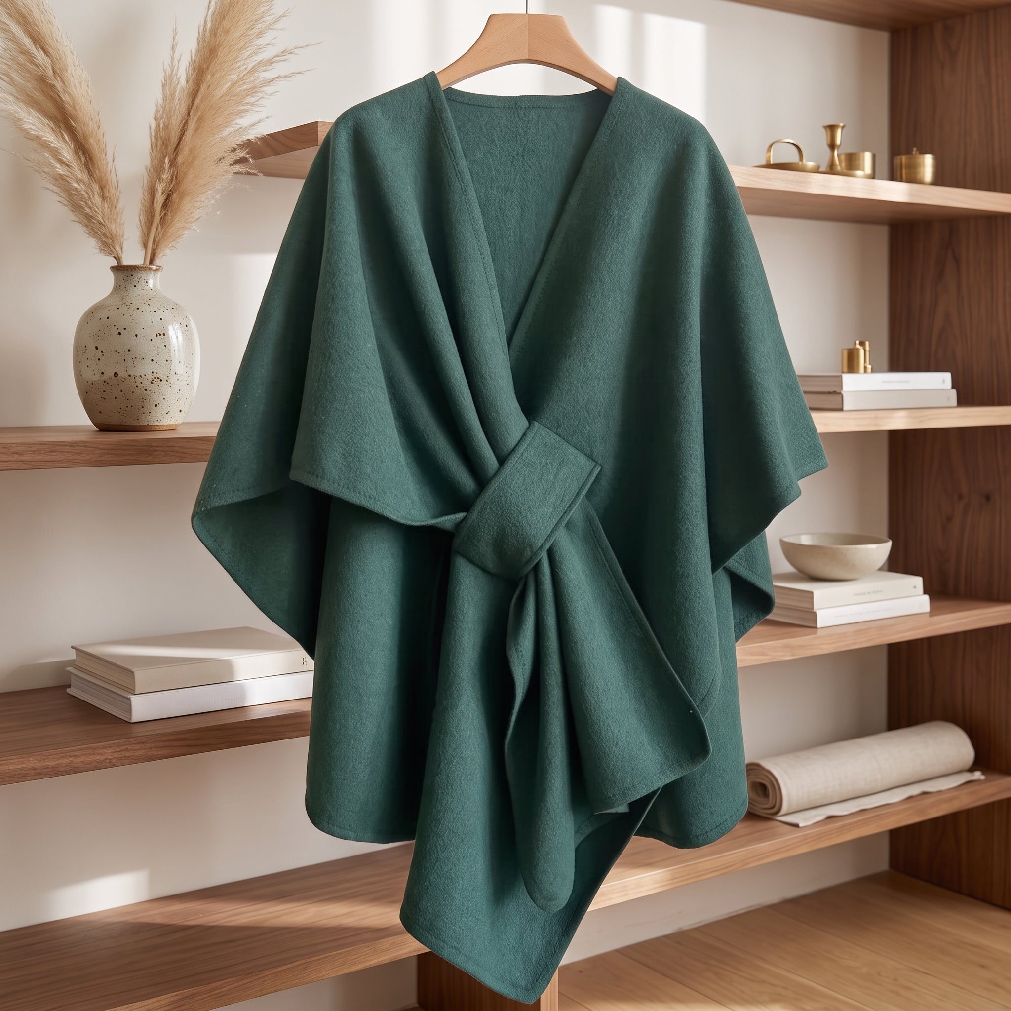 Women's Poncho Shawl Wrap Reversible Winter Style - dark green