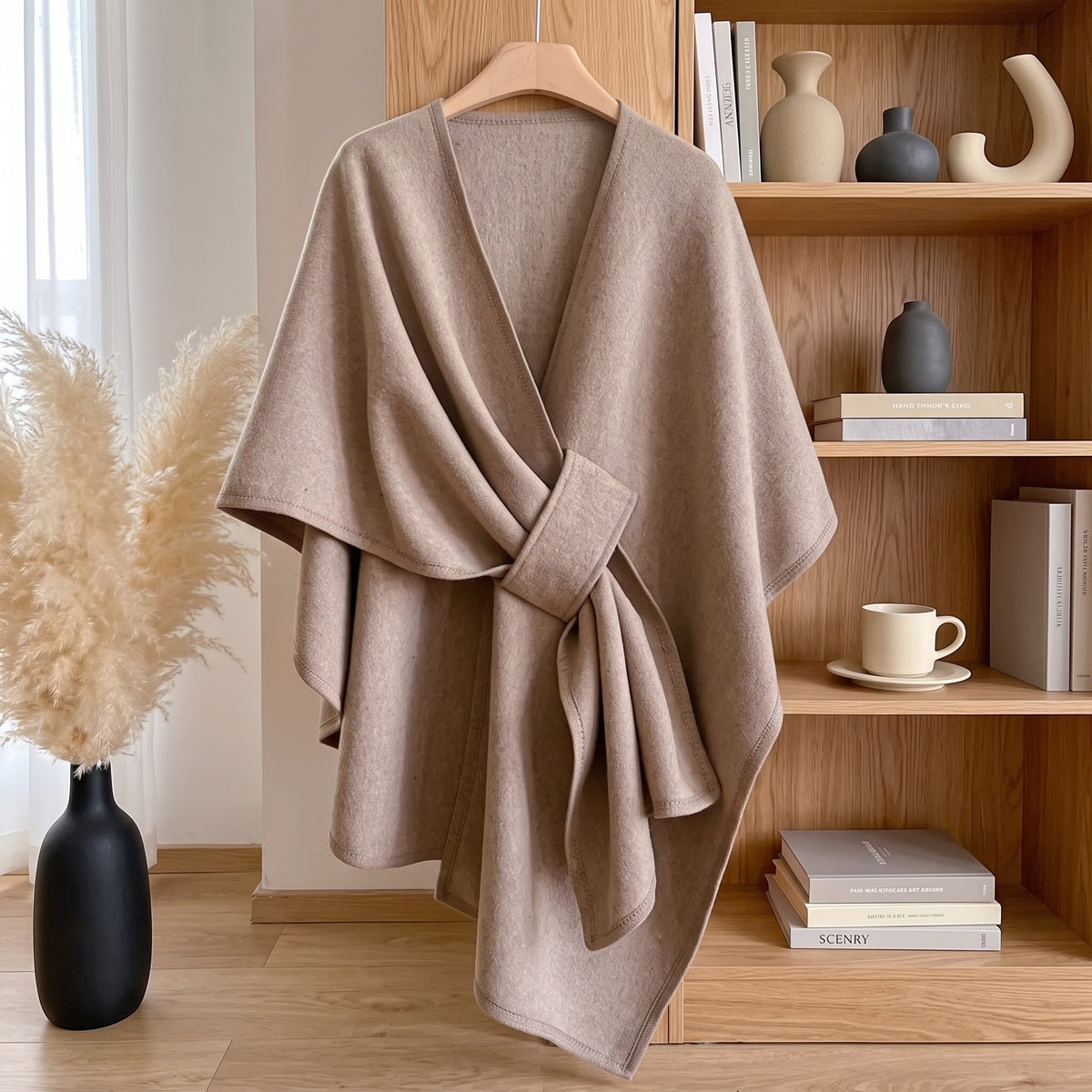 Women's Poncho Shawl Wrap Reversible Winter Style - taupe