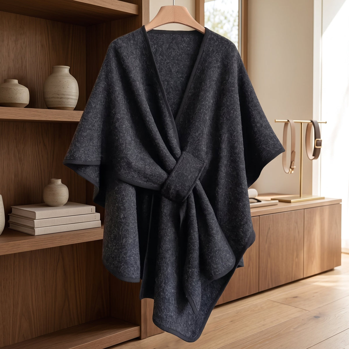 Women's Poncho Shawl Wrap Reversible Winter Style - black