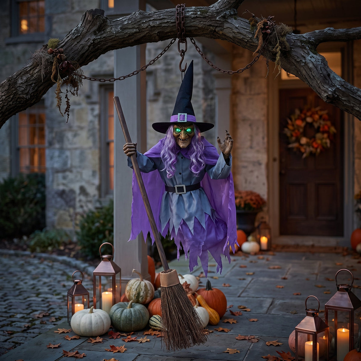 Halloween Decoration with Flying Witch and Light Effects
