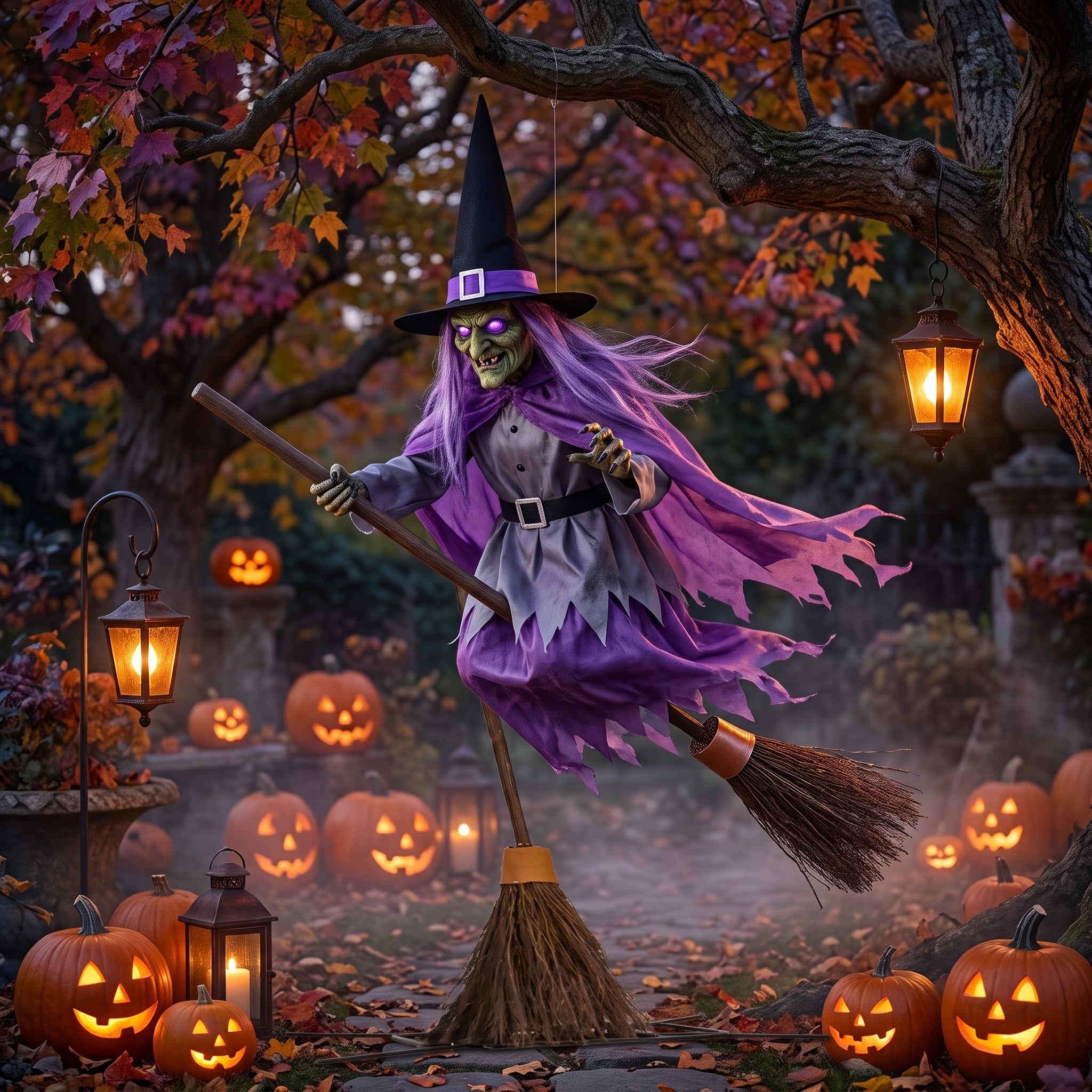 Halloween Decoration with Flying Witch and Light Effects