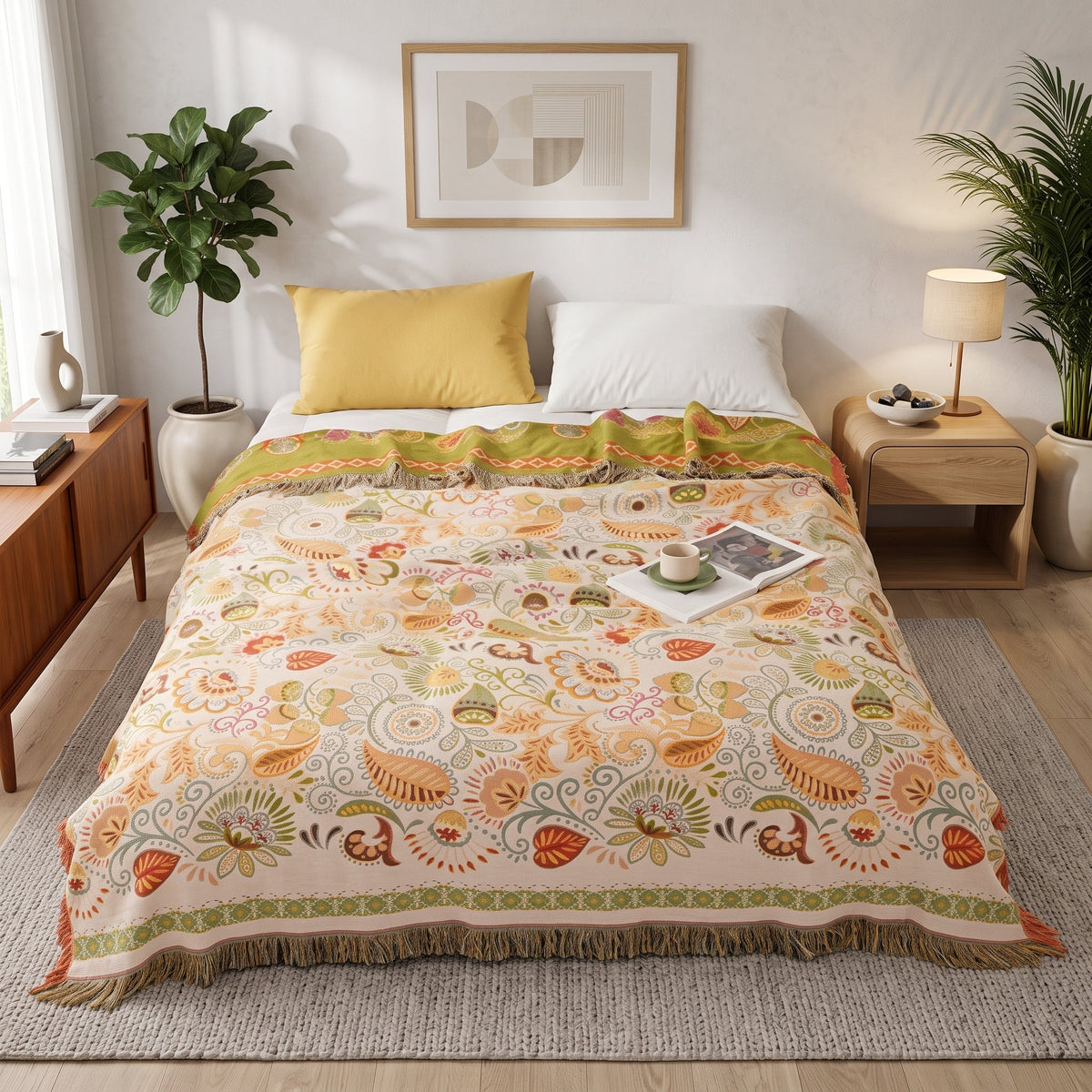 Cotton throw blanket with boho floral pattern - false sun