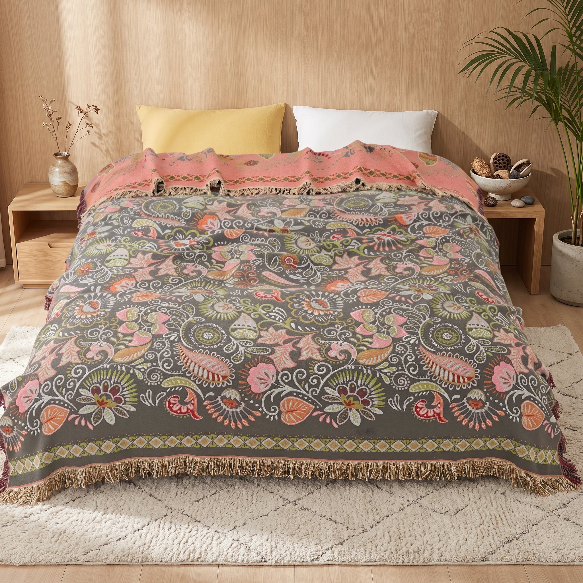 Cotton throw blanket with boho floral pattern - meadow leaf