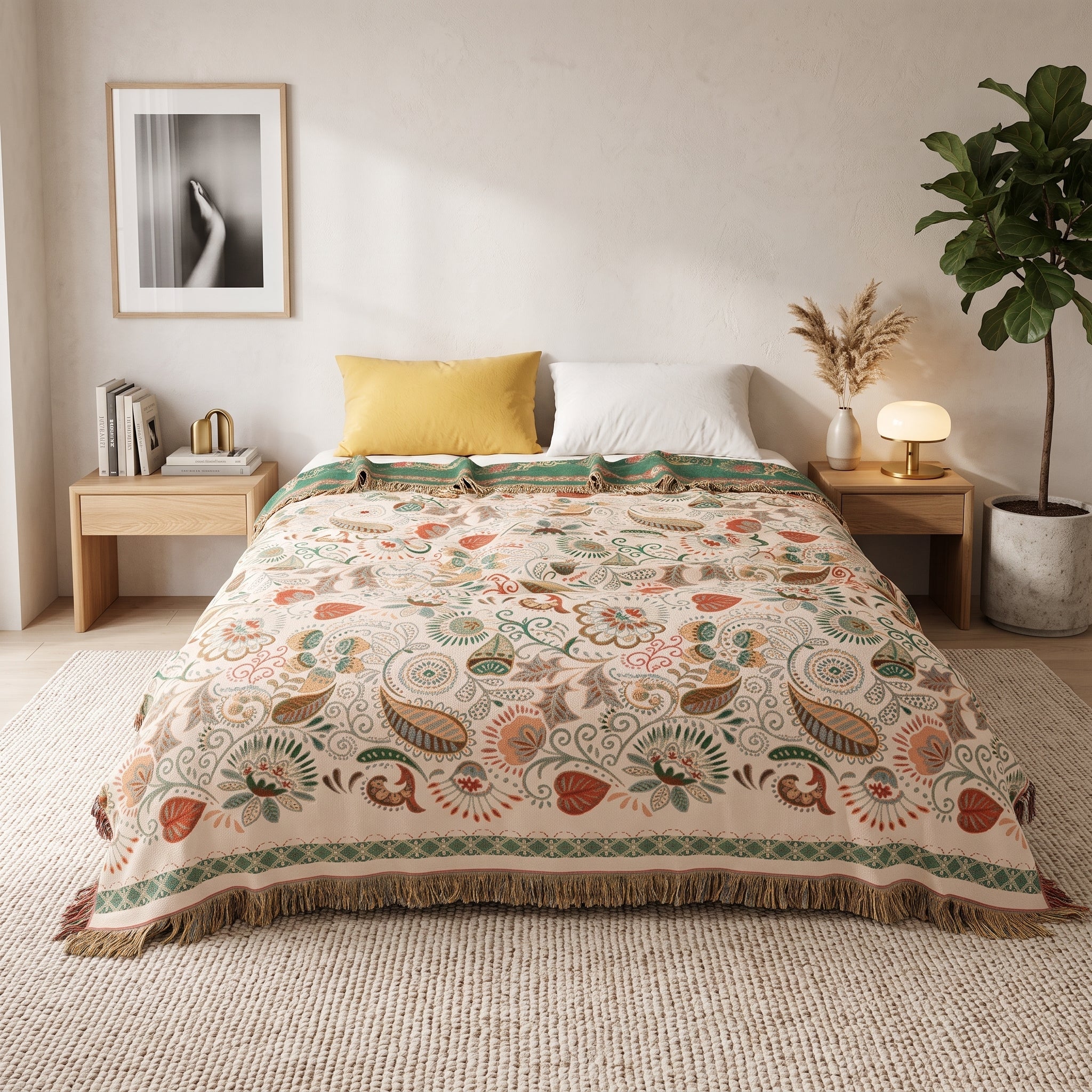 Cotton throw blanket with boho floral pattern - acero pink