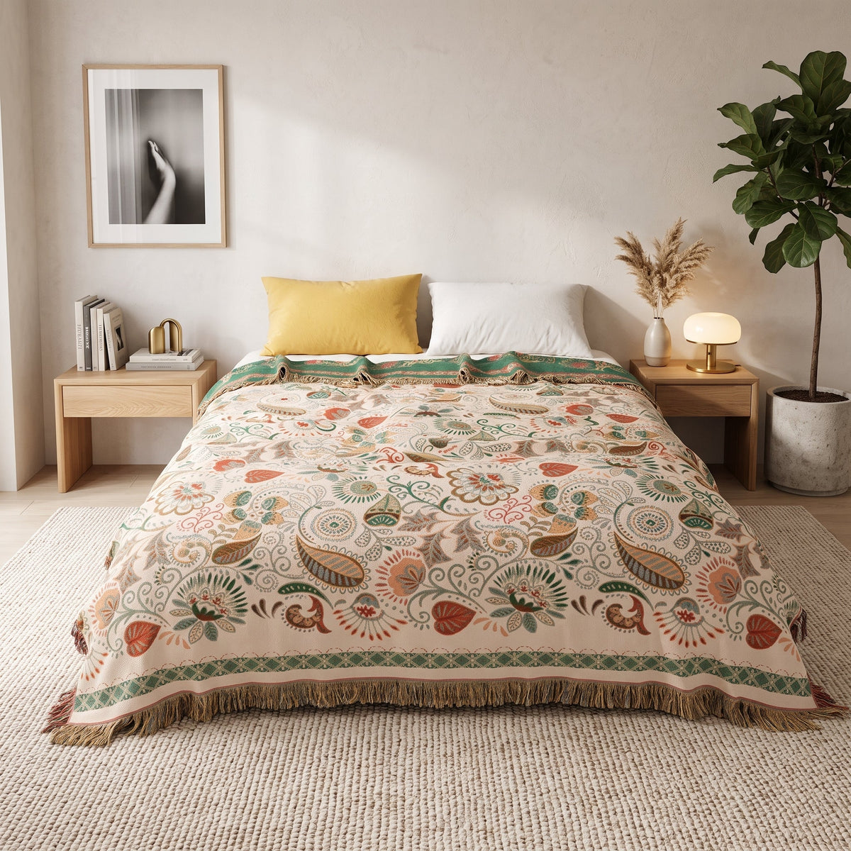 Cotton throw blanket with boho floral pattern - acero pink