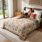 Cotton throw blanket with boho floral pattern
