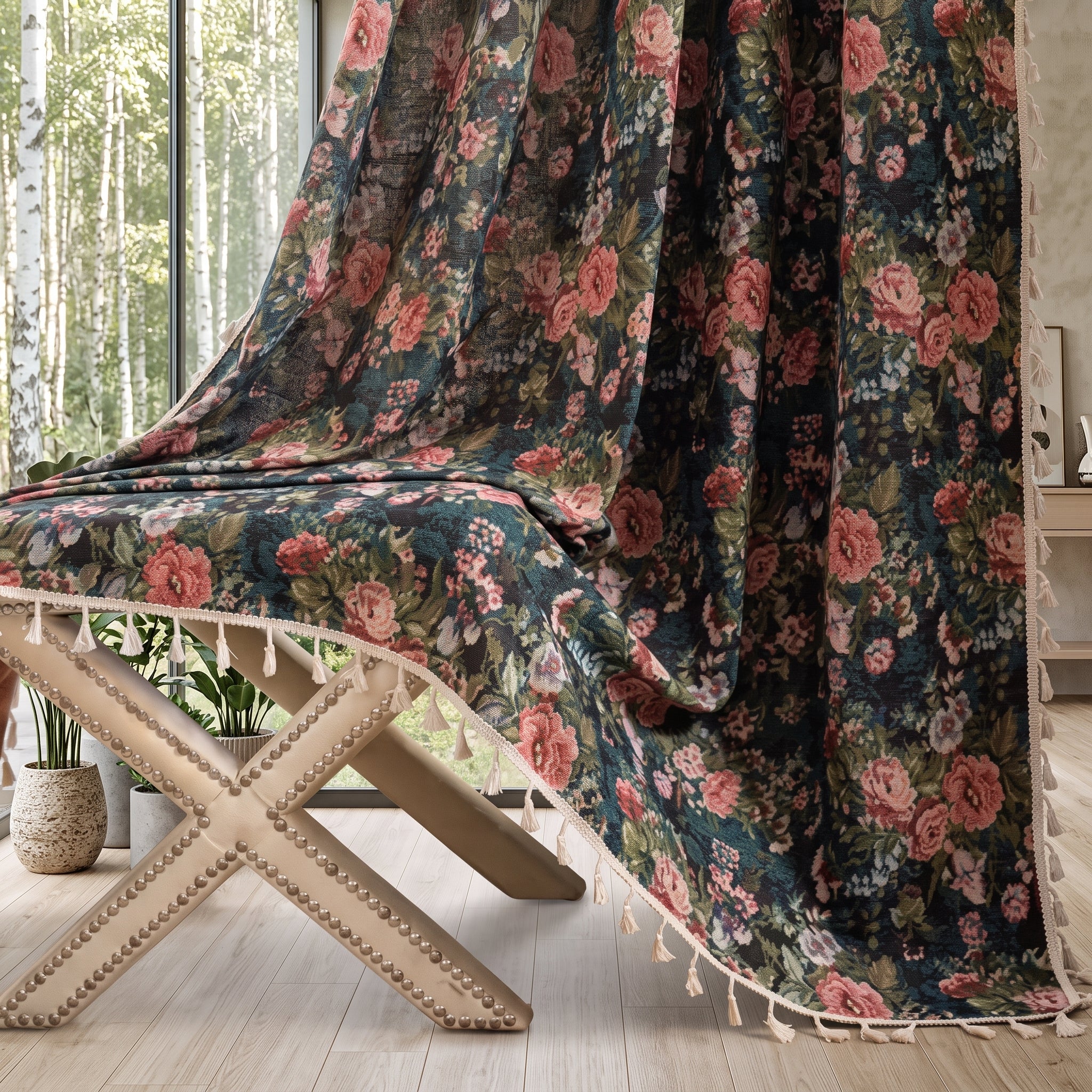 Window curtain panel with botanical floral pattern - green flower