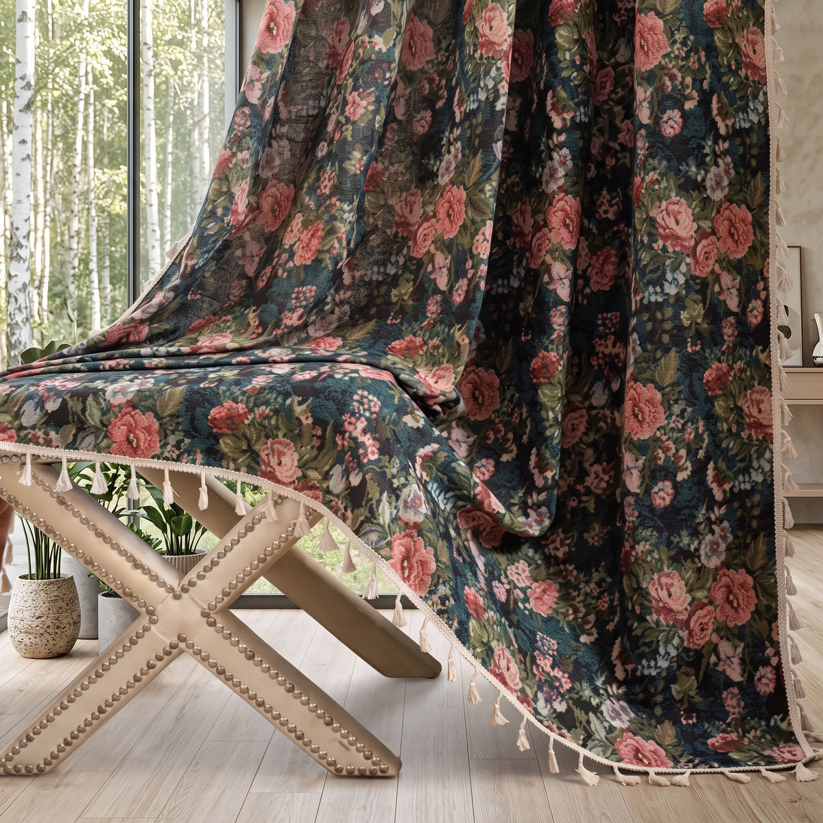 Window curtain panel with botanical floral pattern - green flower