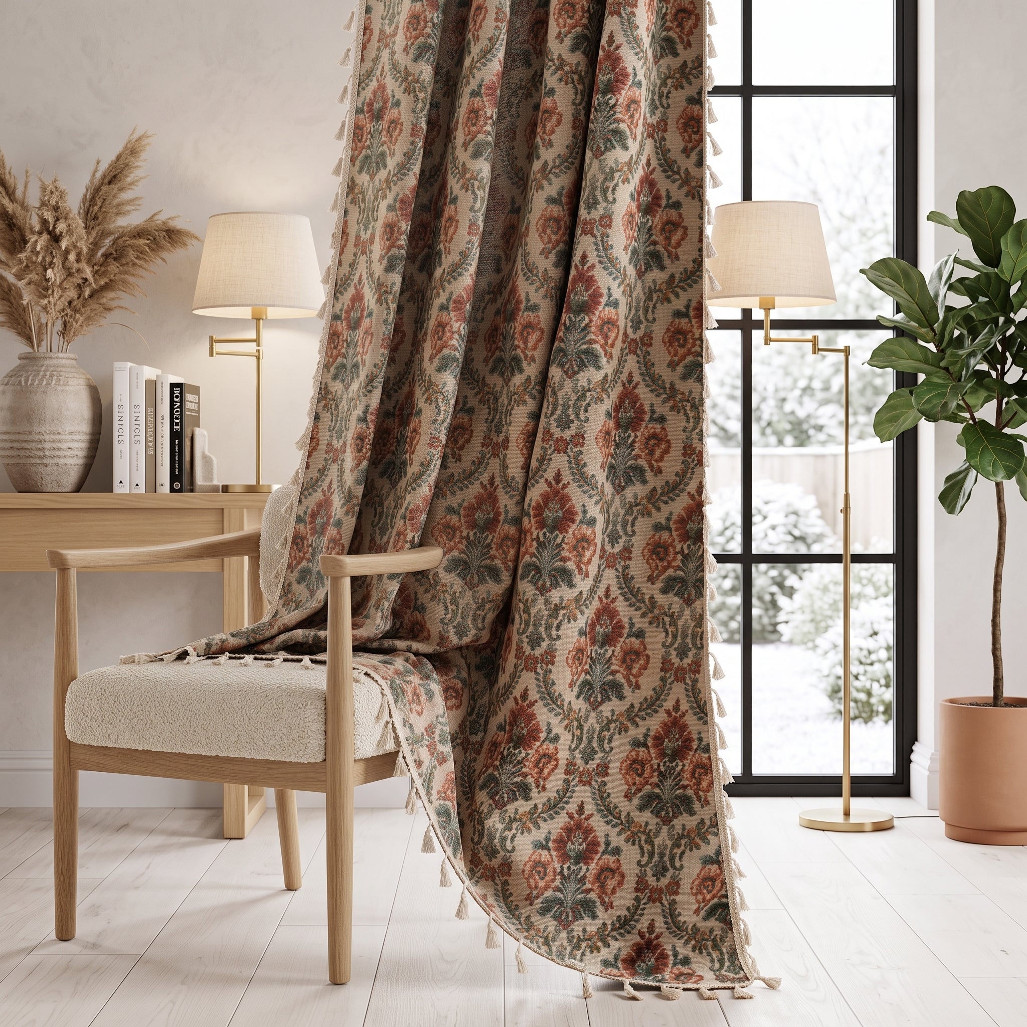 Window curtain panel with botanical floral pattern - autumn flowers