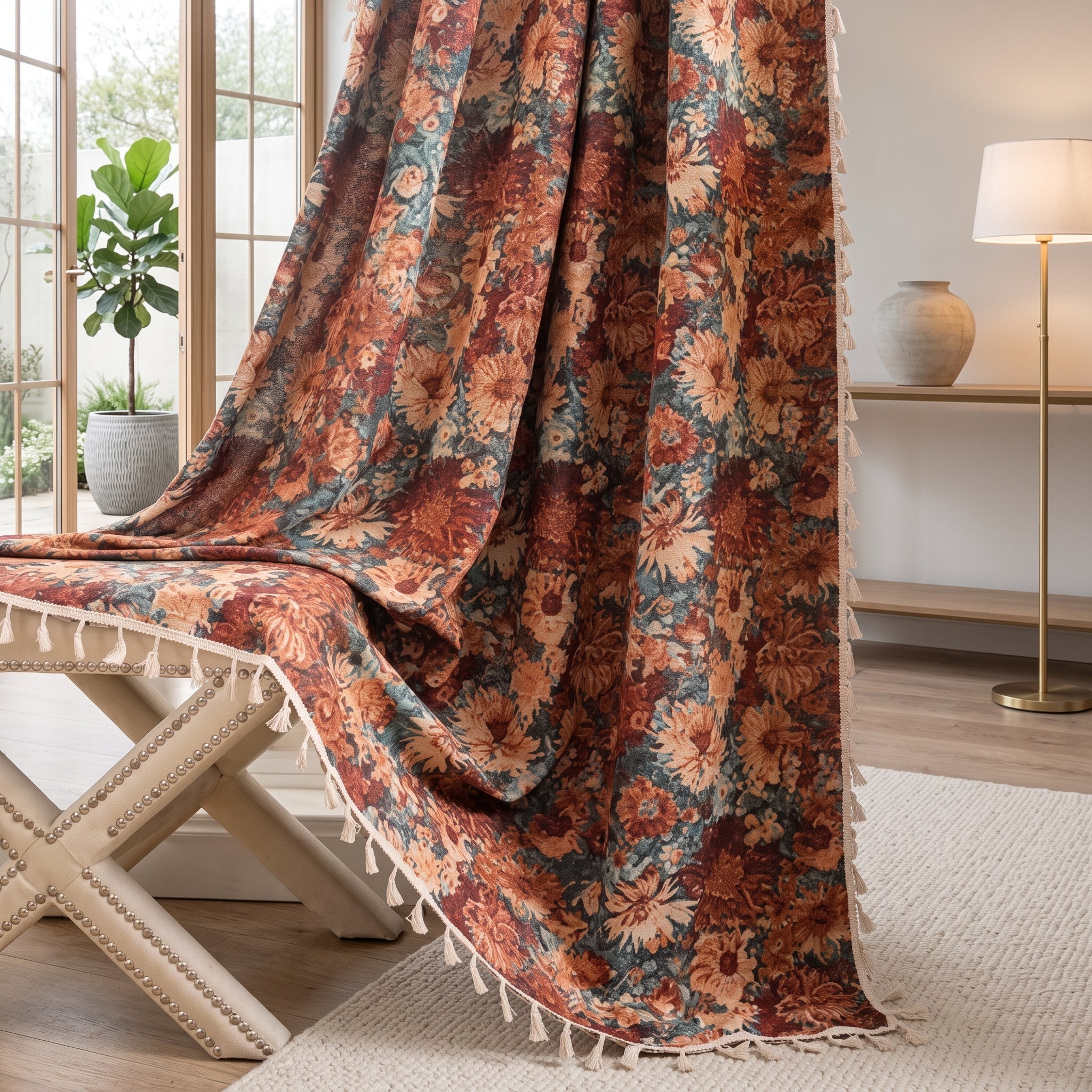 Window curtain panel with botanical floral pattern - beige flower
