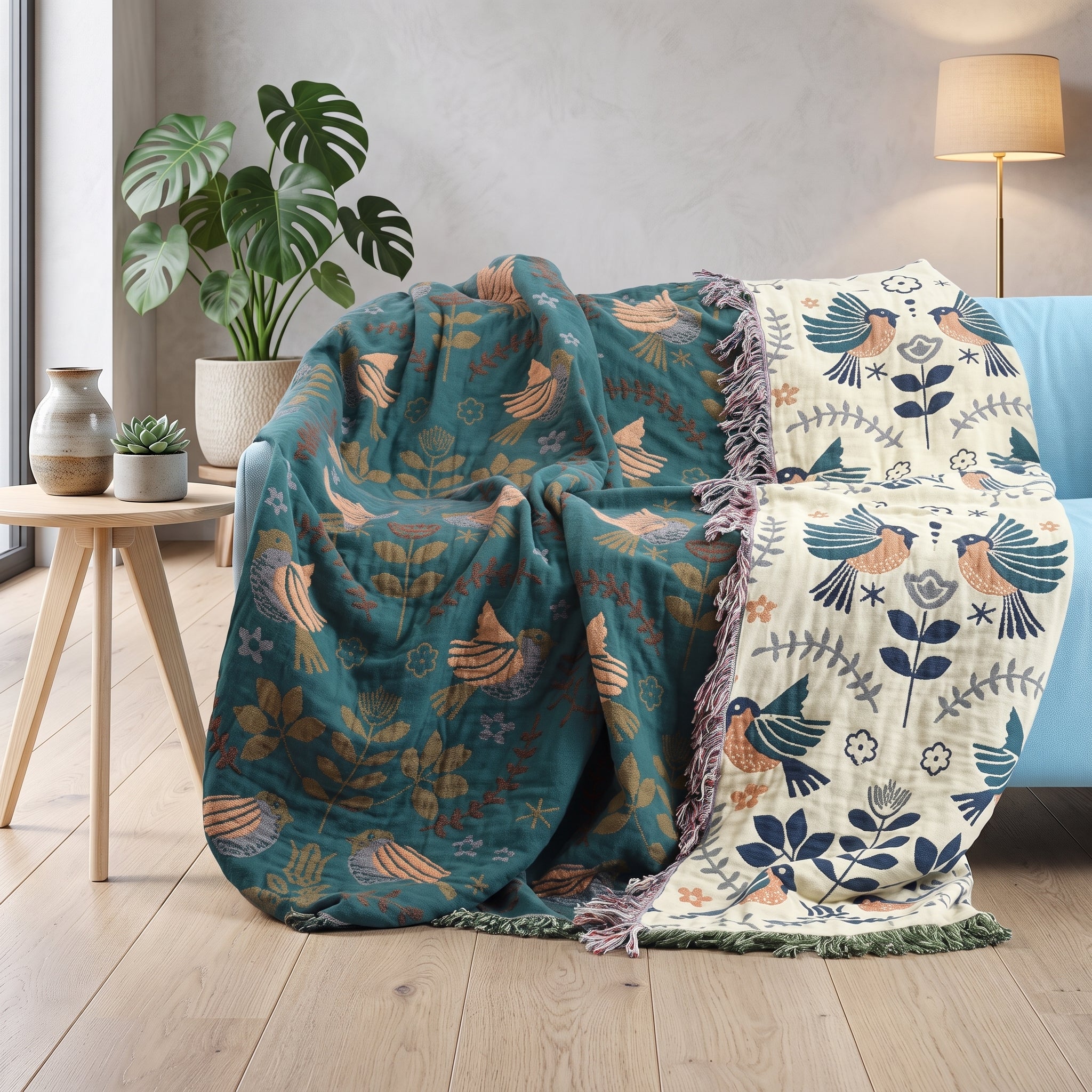 Reversible cotton blanket with nature pattern