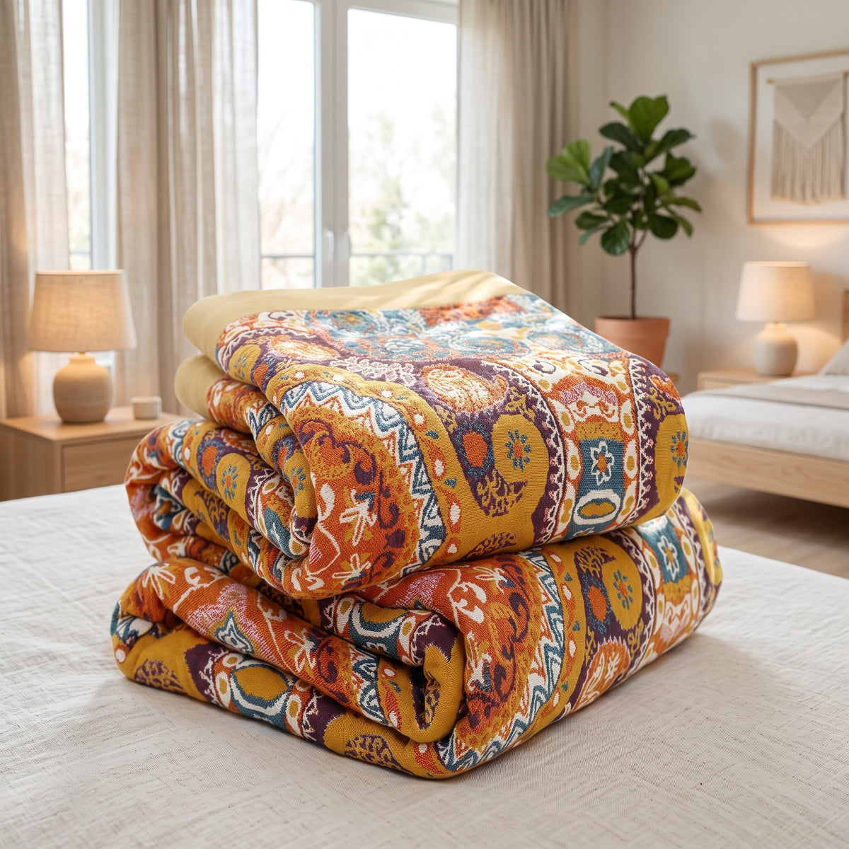 Cotton throw blanket with boho oriental pattern