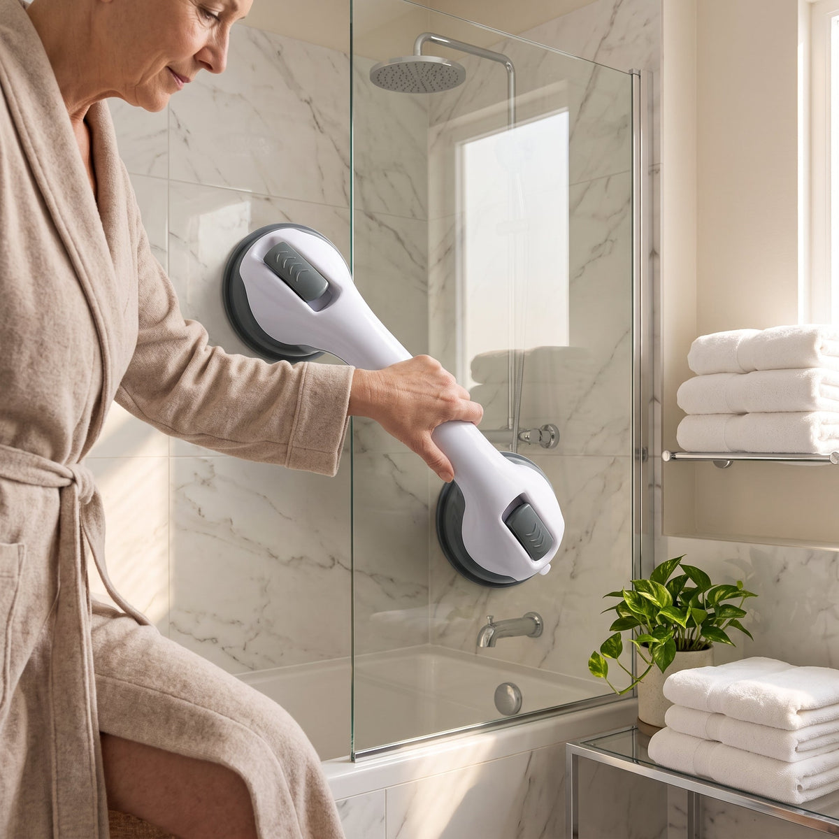 Bathroom safety grab handle with suction cup