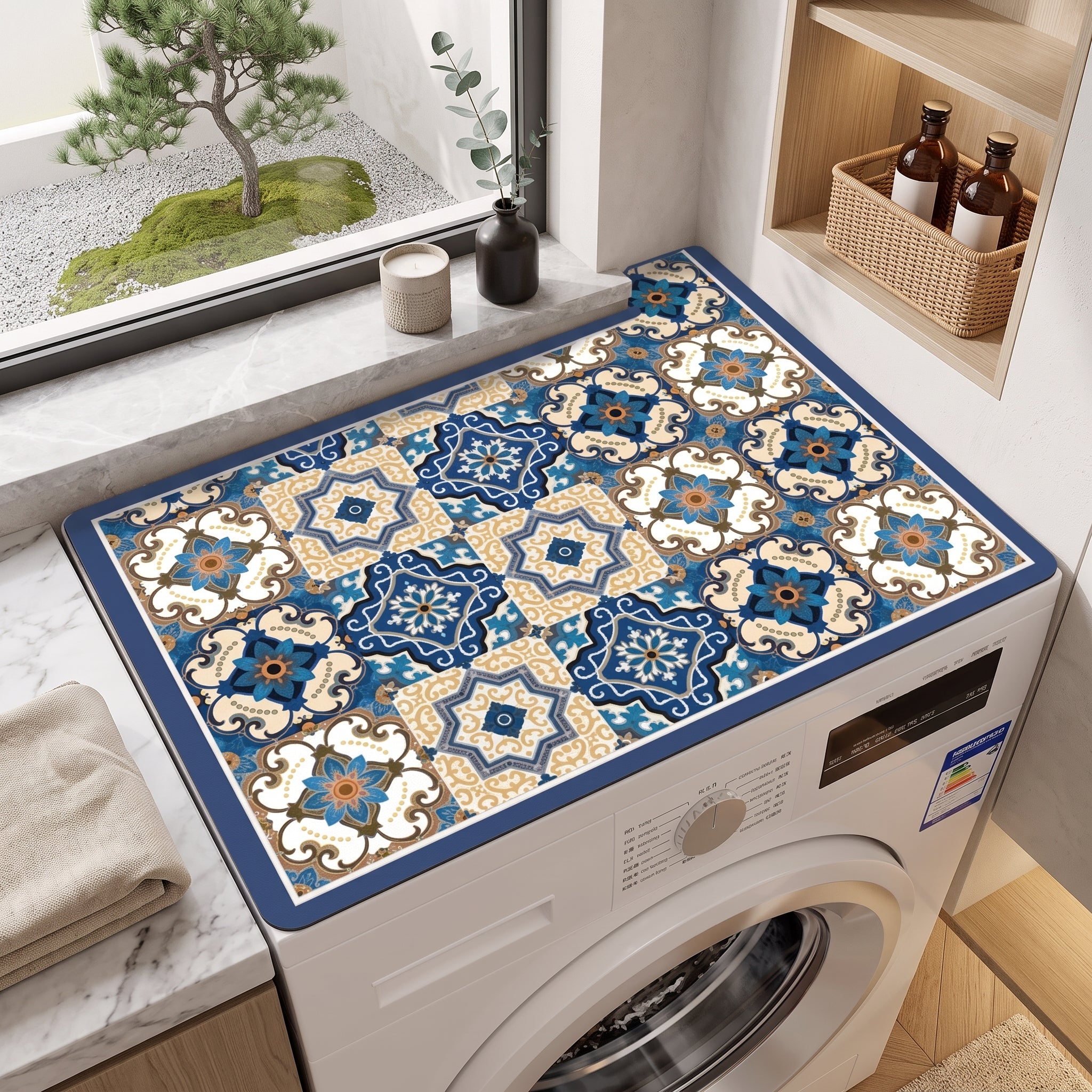 Washing machine mat cover with anti-slip design - blue plaid