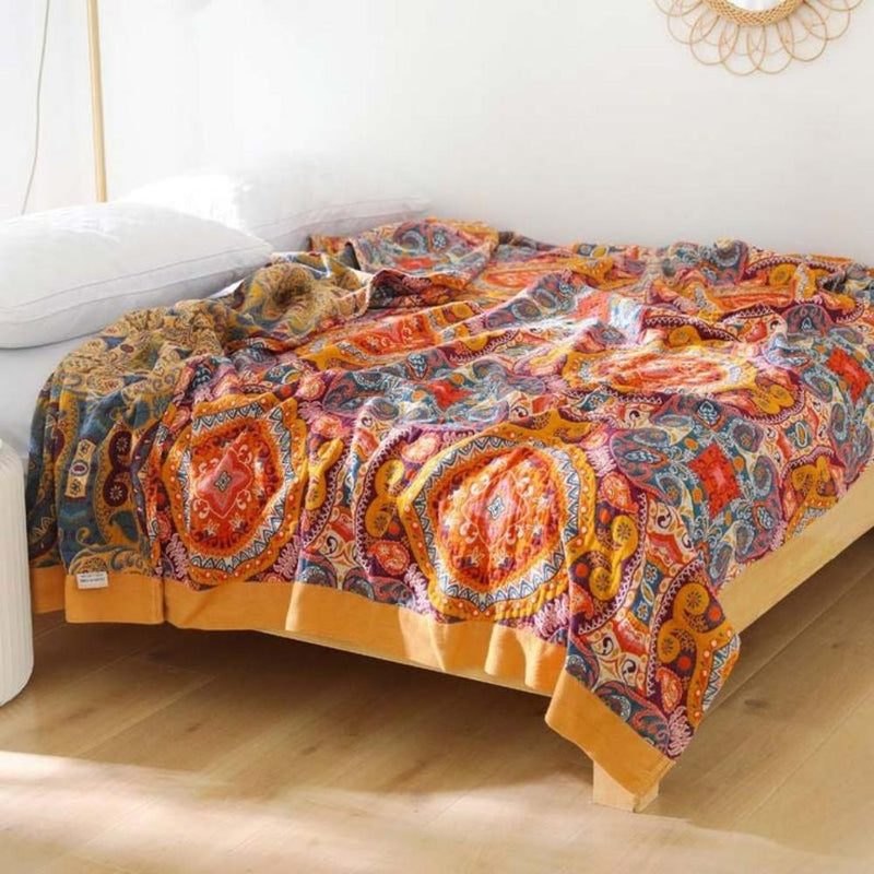 Cotton throw blanket with boho oriental pattern
