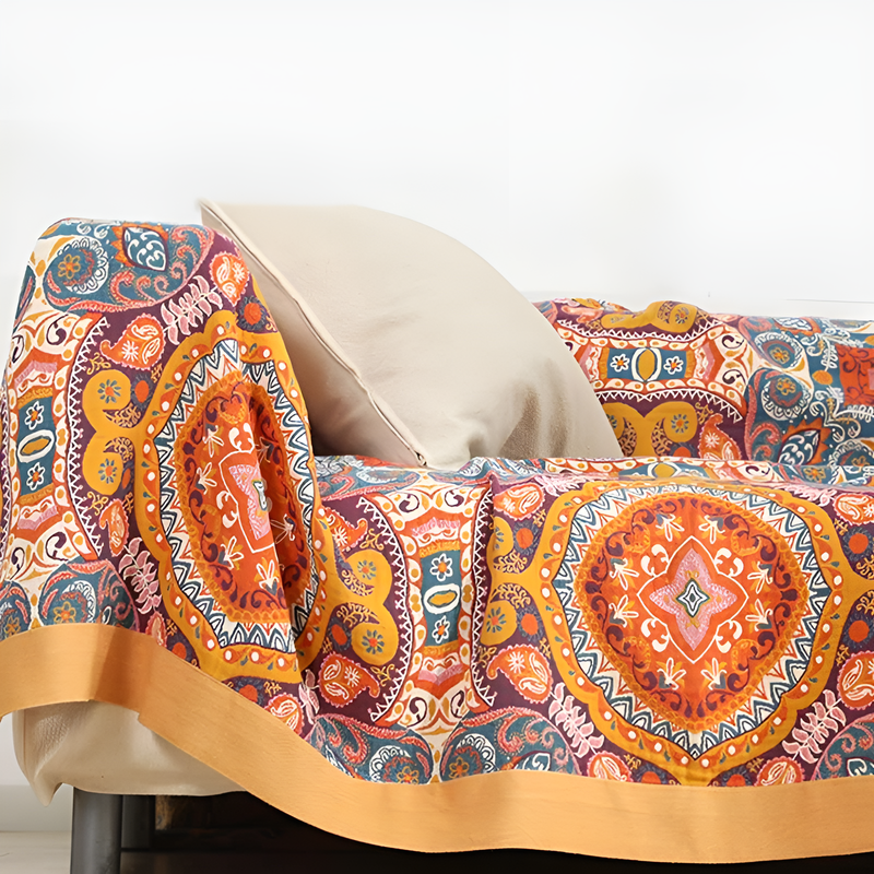 Cotton throw blanket with boho oriental pattern