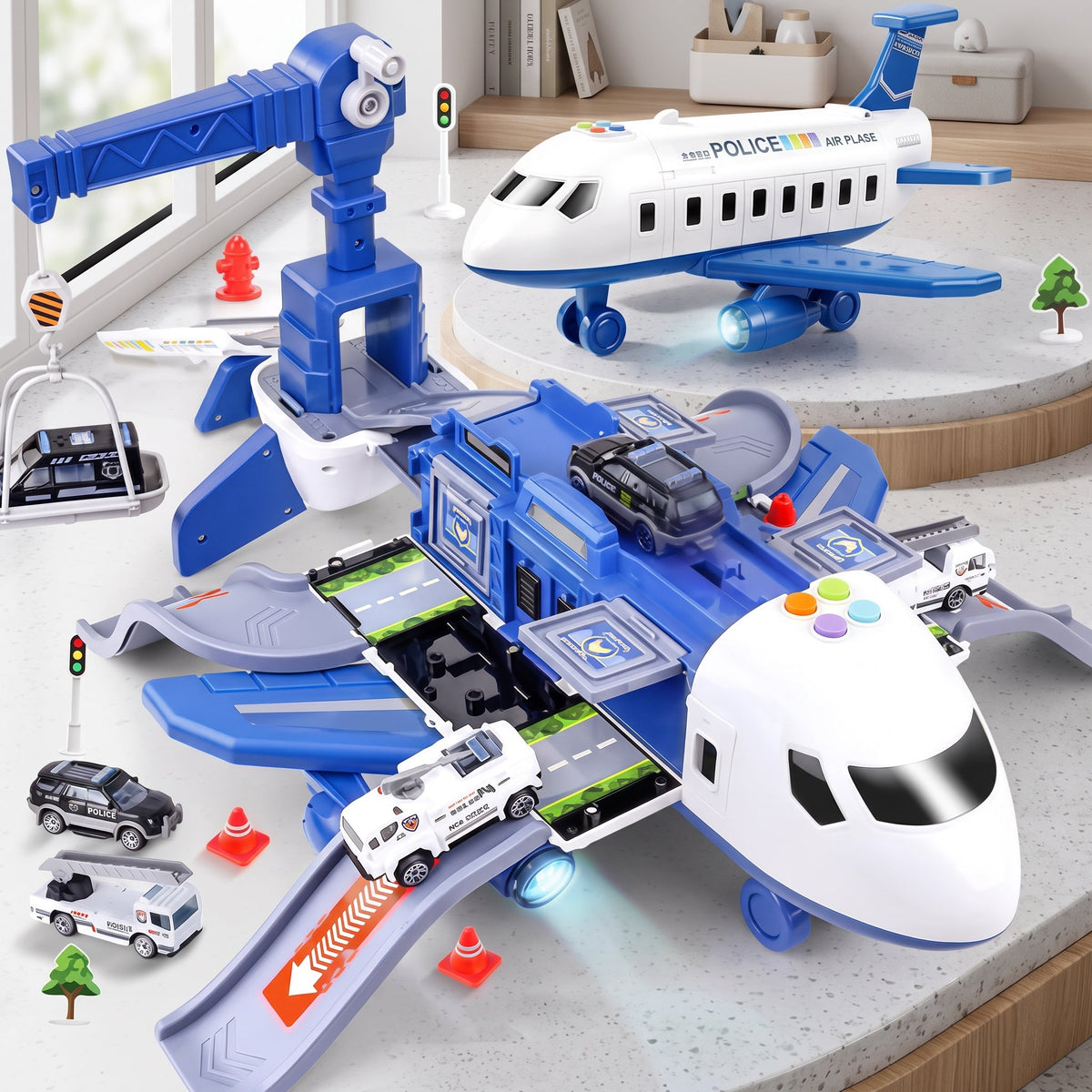 Airport Playset with Transforming Airplane for Kids - blue