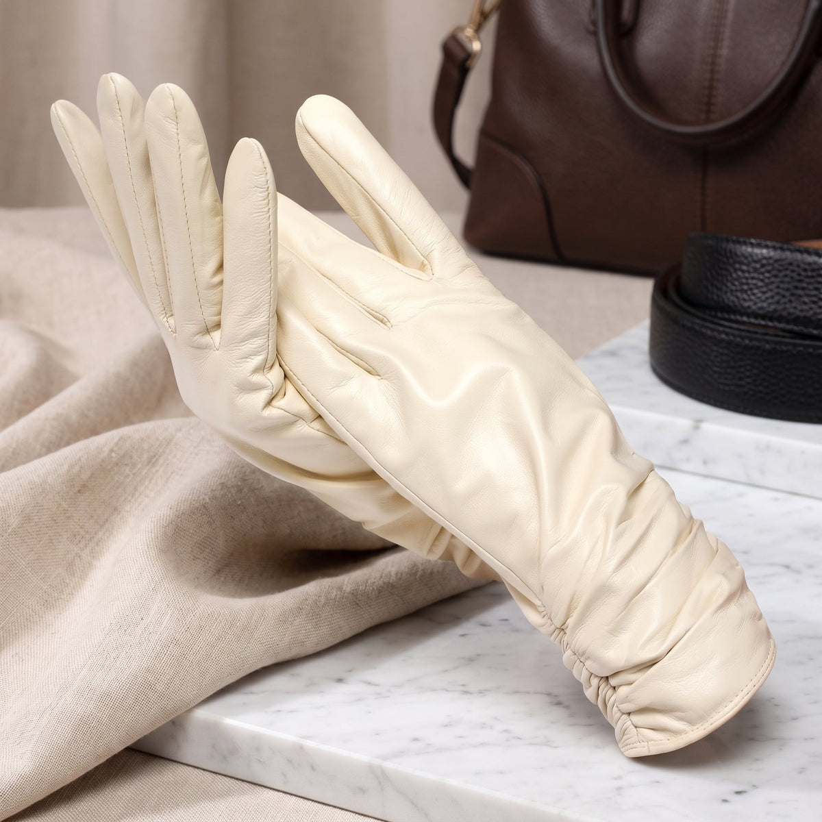 Women's leather winter gloves for driving and walking - beige
