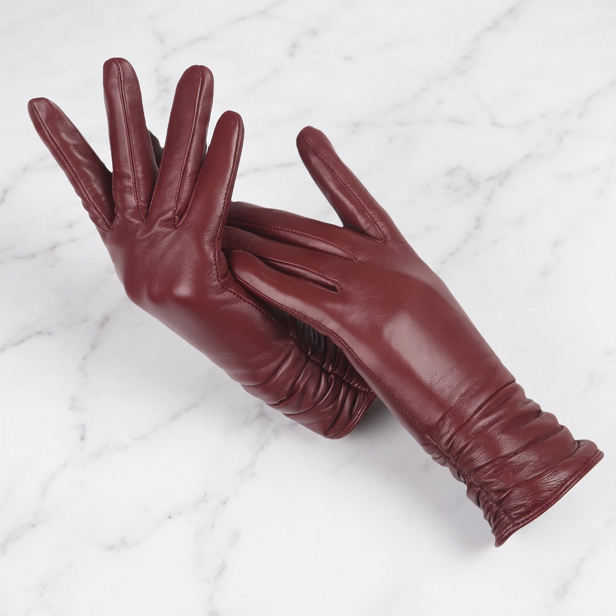 Women's leather winter gloves for driving and walking - burgundy