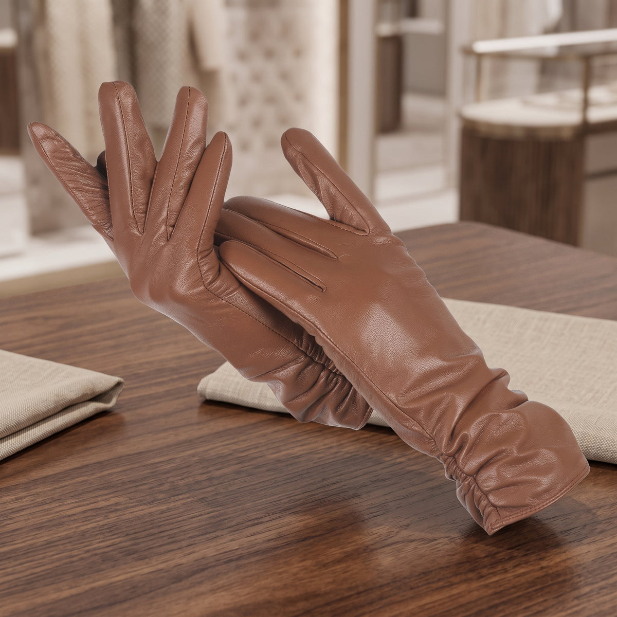 Women's leather winter gloves for driving and walking - khaki