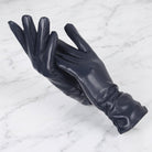 Women's leather winter gloves for driving and walking - navy blue